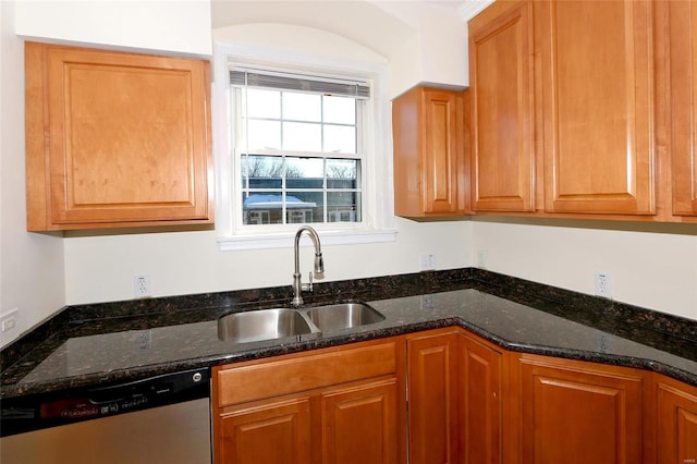 kitchen with sink, dark stone countertops, and stainless steel dishwasher