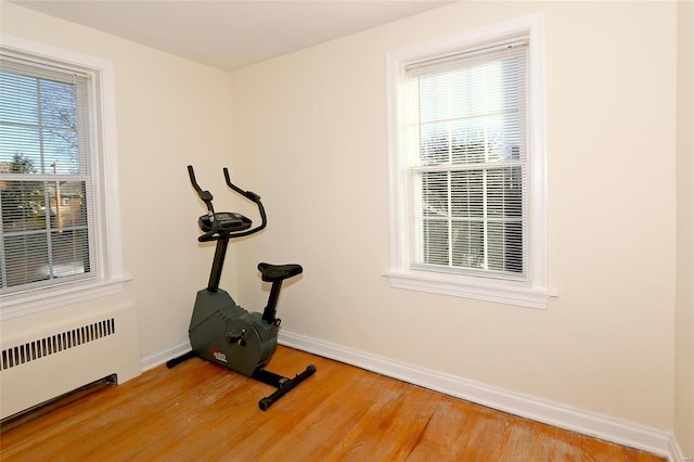 exercise room with a wealth of natural light, radiator, and hardwood / wood-style floors