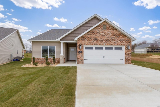 view of front of property featuring cooling unit, a front yard, and a garage