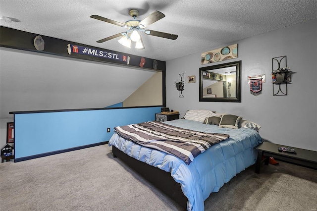 carpeted bedroom featuring a textured ceiling and ceiling fan