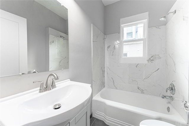 full bath featuring toilet, shower / tub combination, and vanity