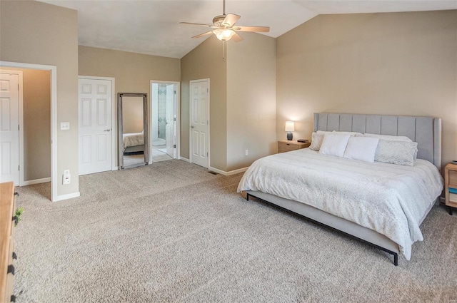 carpeted bedroom featuring ceiling fan and lofted ceiling