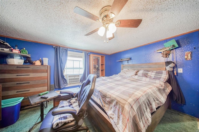 bedroom with ceiling fan, crown molding, a textured ceiling, and dark colored carpet