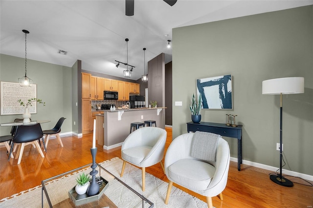 living room featuring ceiling fan and light hardwood / wood-style flooring