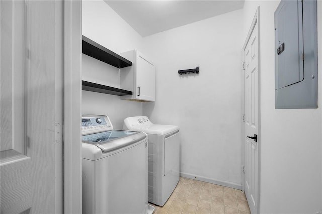 laundry room featuring cabinets, electric panel, and washing machine and clothes dryer