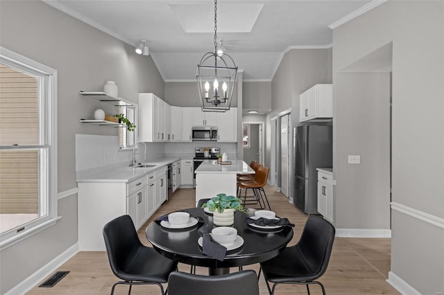 kitchen with appliances with stainless steel finishes, backsplash, a kitchen island, pendant lighting, and white cabinetry