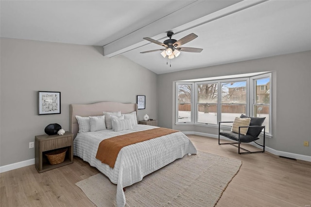 bedroom with ceiling fan, lofted ceiling with beams, and light hardwood / wood-style flooring