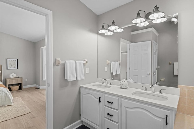 bathroom with hardwood / wood-style flooring and vanity