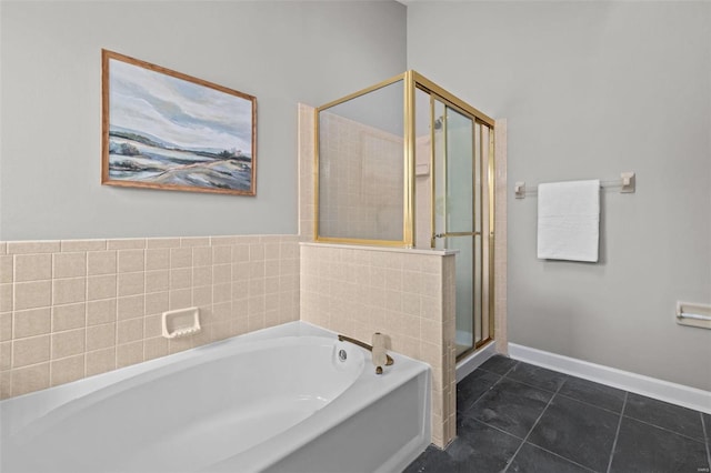 bathroom with tile patterned flooring and plus walk in shower