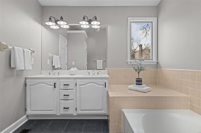 bathroom featuring tile patterned flooring, vanity, and a bathtub