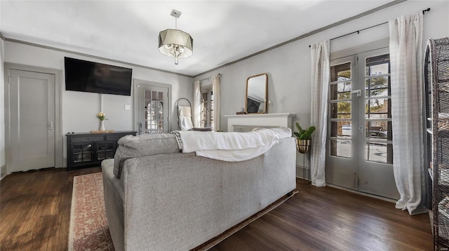 living room featuring dark hardwood / wood-style flooring, french doors, and ornamental molding