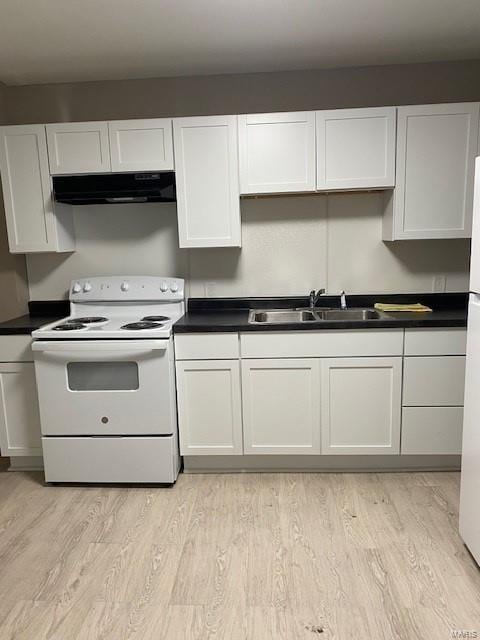 kitchen featuring white range with electric stovetop, light wood-type flooring, white cabinetry, and sink