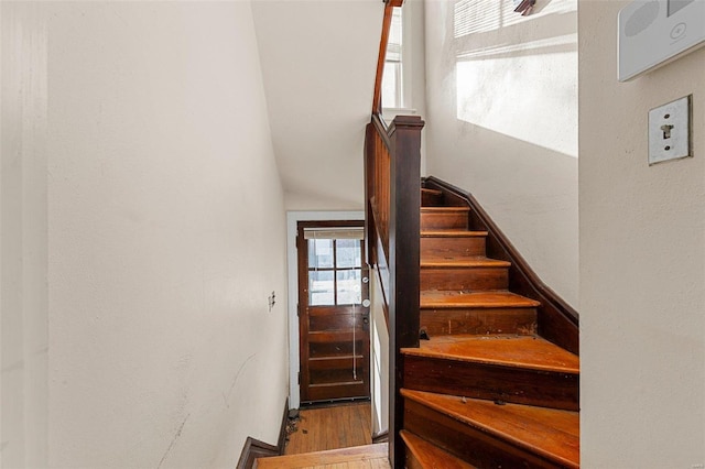 stairs featuring hardwood / wood-style floors