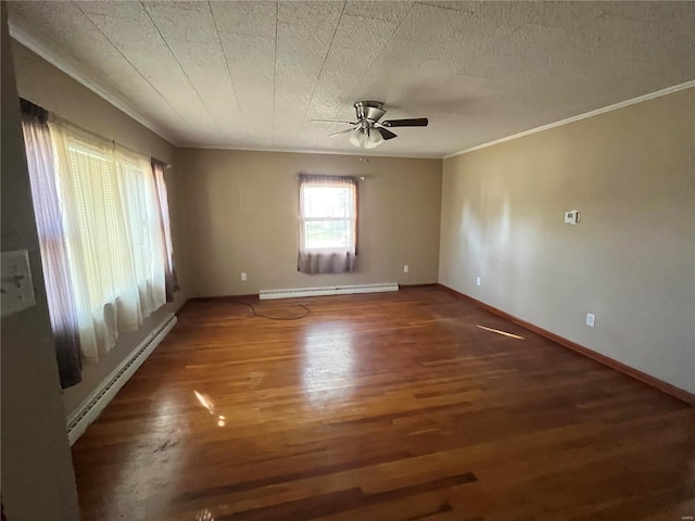 unfurnished room featuring dark hardwood / wood-style floors, ceiling fan, crown molding, and a baseboard radiator