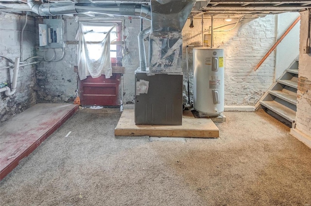 basement with carpet flooring, electric water heater, electric panel, and heating unit