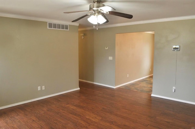 unfurnished room featuring ceiling fan, dark hardwood / wood-style flooring, and ornamental molding