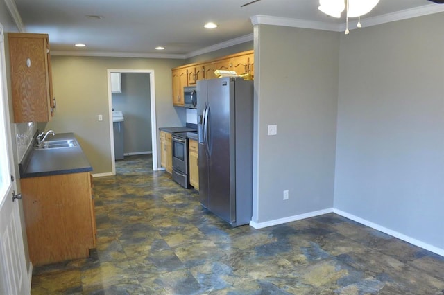 kitchen with sink, ornamental molding, and stainless steel appliances