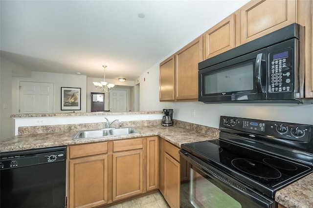 kitchen with sink, a notable chandelier, pendant lighting, light tile patterned floors, and black appliances