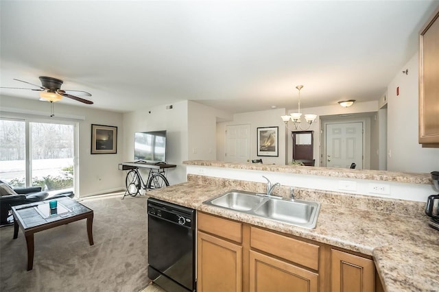 kitchen with ceiling fan with notable chandelier, light colored carpet, sink, black dishwasher, and hanging light fixtures