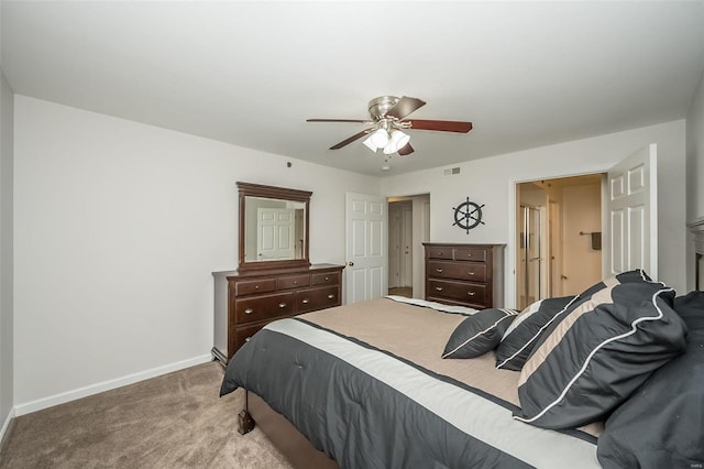 bedroom featuring light colored carpet and ceiling fan