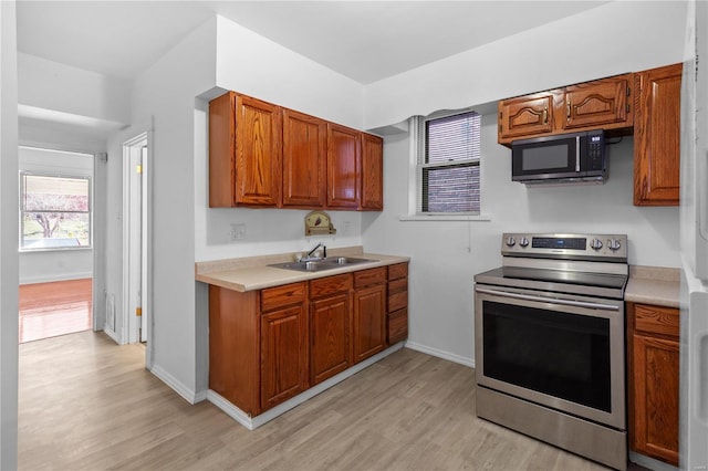 kitchen featuring stainless steel electric stove, light hardwood / wood-style floors, and sink