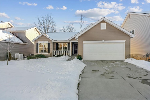 single story home with a porch and a garage