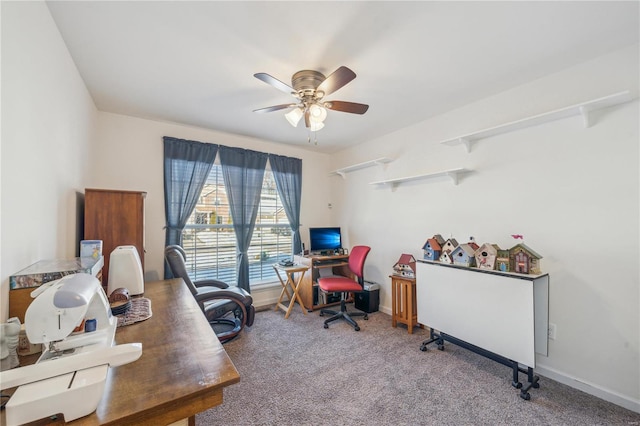 carpeted office with ceiling fan