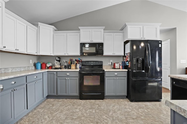 kitchen featuring white cabinetry, black appliances, and gray cabinetry