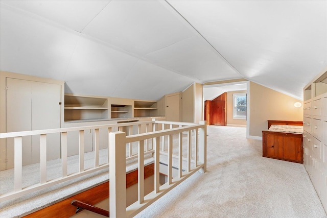 additional living space featuring light colored carpet and vaulted ceiling