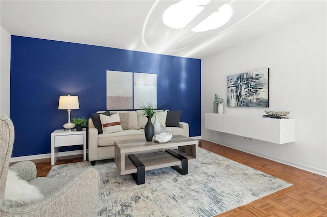 living room with parquet flooring