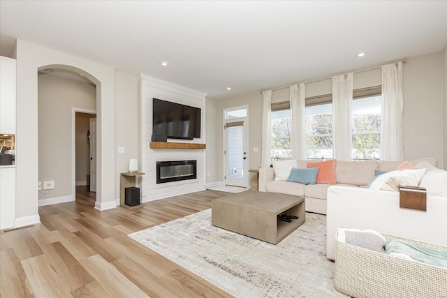 living room with light hardwood / wood-style floors and a fireplace