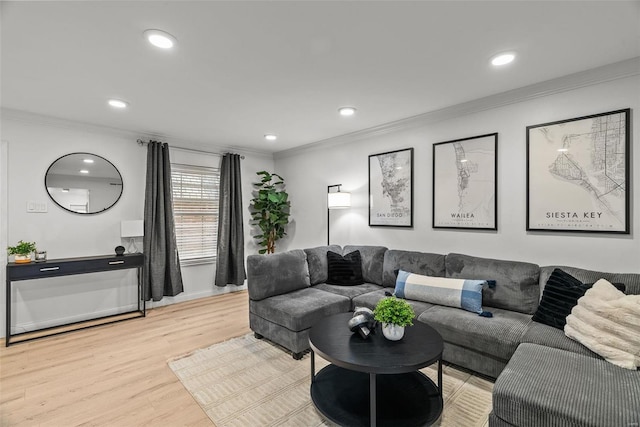 living room featuring light hardwood / wood-style floors and ornamental molding