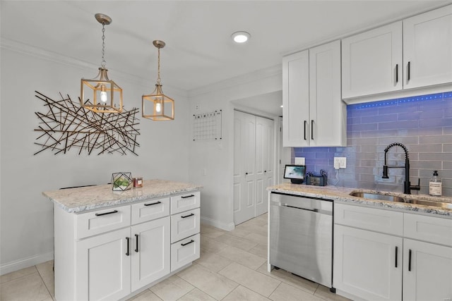 kitchen featuring stainless steel dishwasher, backsplash, white cabinets, and sink