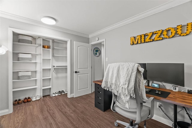 office area featuring dark hardwood / wood-style floors and ornamental molding