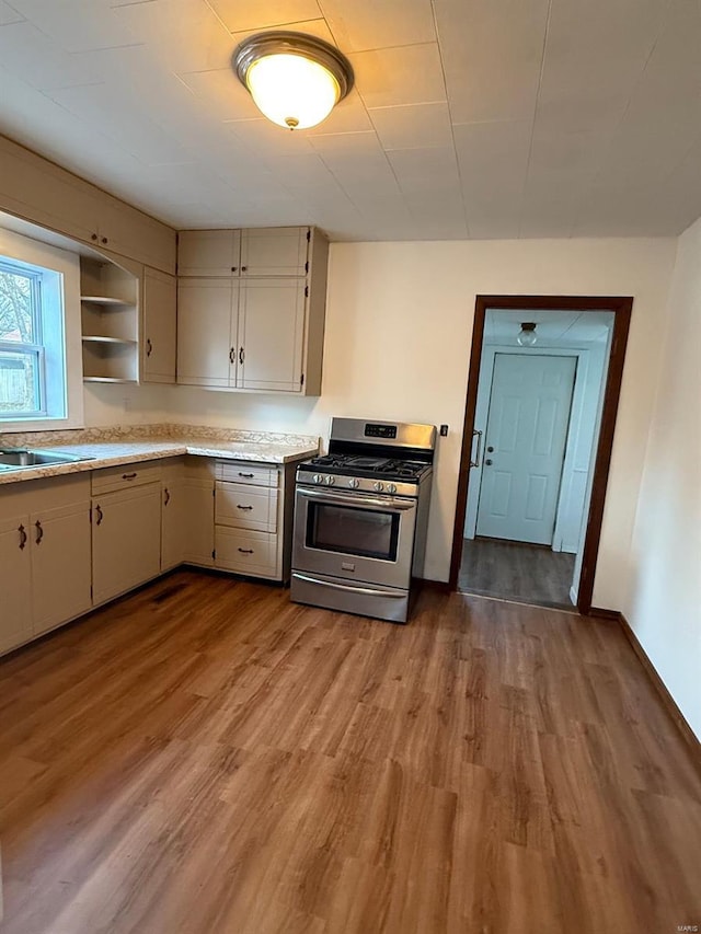 kitchen featuring light wood-type flooring and stainless steel range with gas cooktop