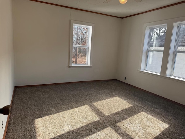 carpeted spare room with ceiling fan, a healthy amount of sunlight, and crown molding