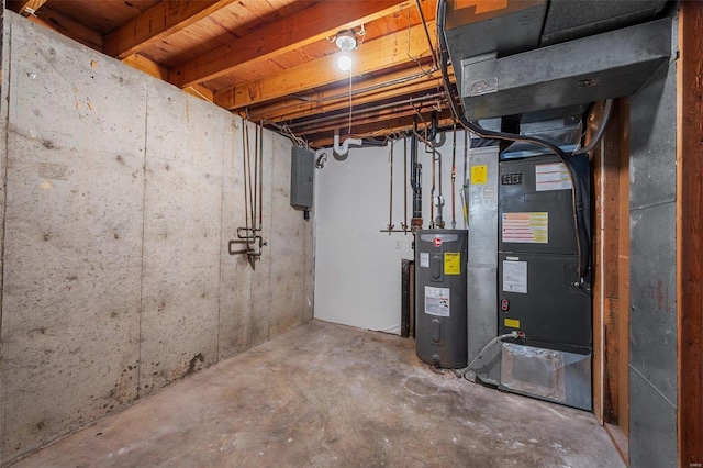 basement featuring electric water heater, heating unit, and electric panel