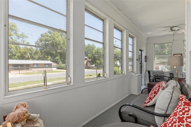 sunroom / solarium featuring plenty of natural light and ceiling fan