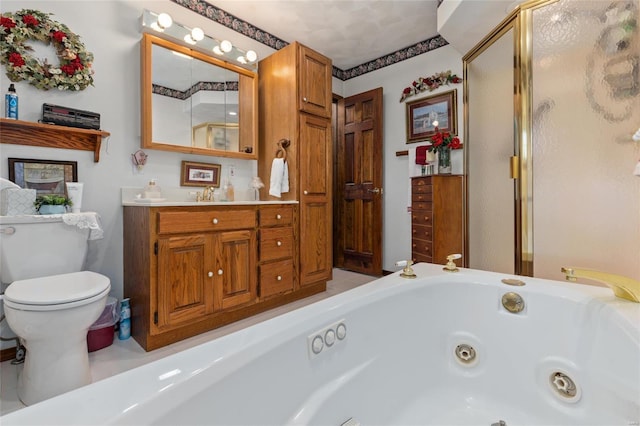 full bathroom with vanity, toilet, and plus walk in shower