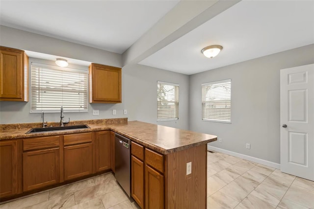 kitchen featuring sink, stainless steel dishwasher, and kitchen peninsula