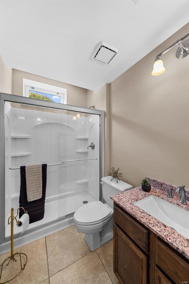 bathroom featuring visible vents, a shower stall, toilet, tile patterned floors, and vanity