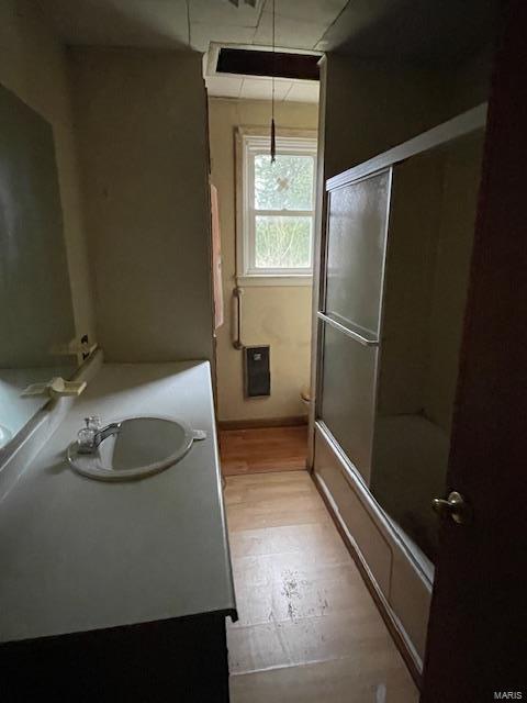 bathroom featuring a shower with door, vanity, and wood-type flooring