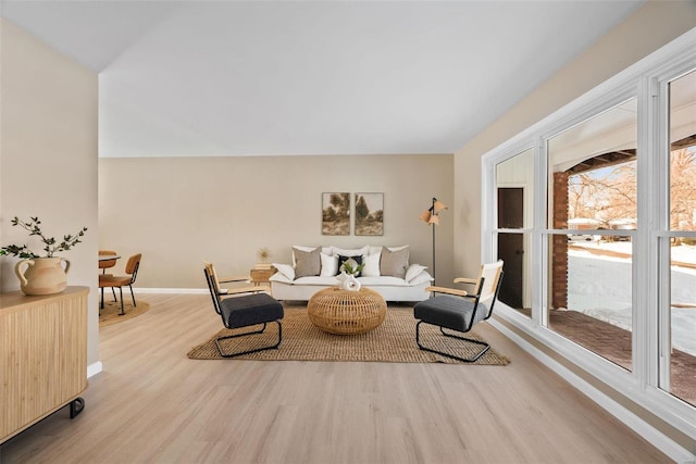 living room featuring radiator heating unit and light hardwood / wood-style floors