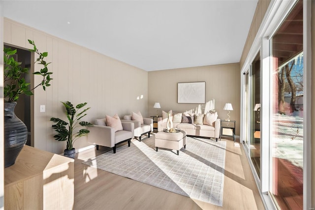 living room with a wealth of natural light and light hardwood / wood-style floors