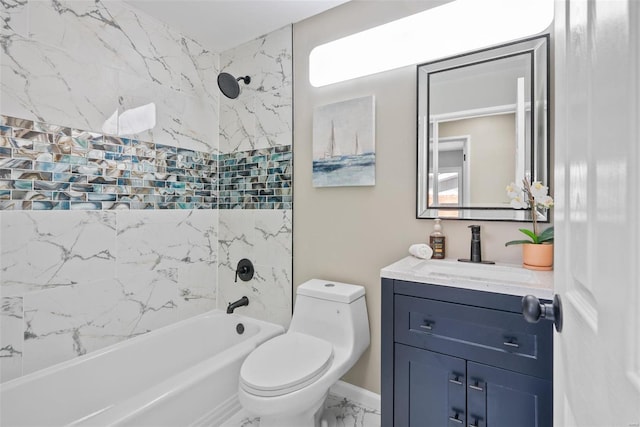 full bathroom featuring vanity, tiled shower / bath combo, and toilet