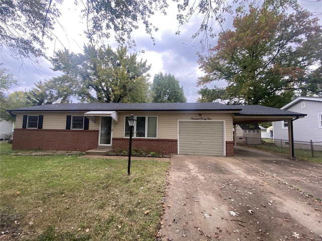 ranch-style home with a front yard, a carport, and a garage