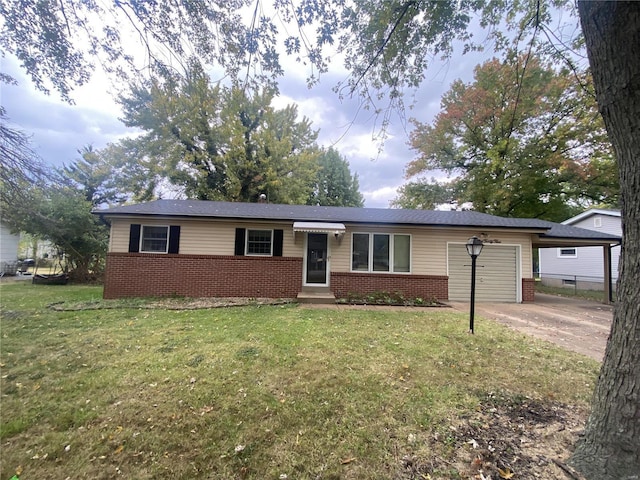 ranch-style house with a front yard and a carport