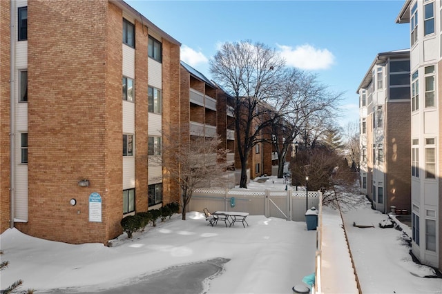 view of snow covered property