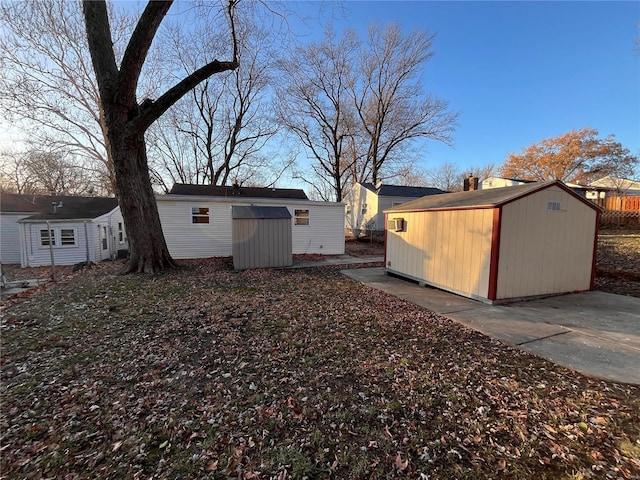 exterior space featuring a storage shed