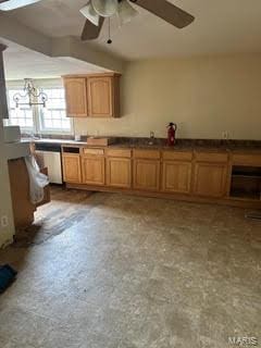 kitchen featuring ceiling fan and a skylight